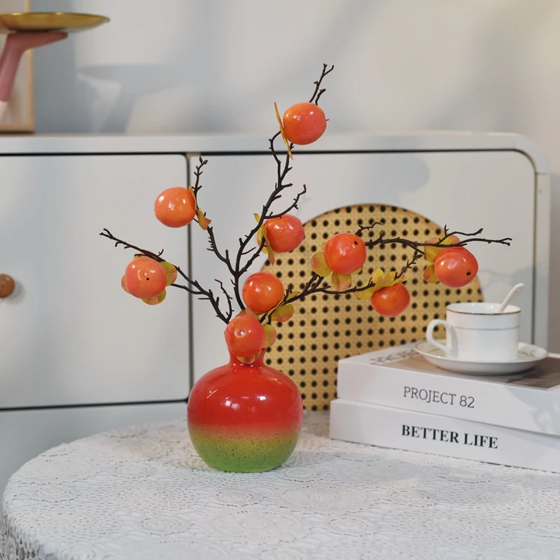 《石榴瓶柿子》中式摆件果实年宵花餐桌仿真花客厅装饰家居新款