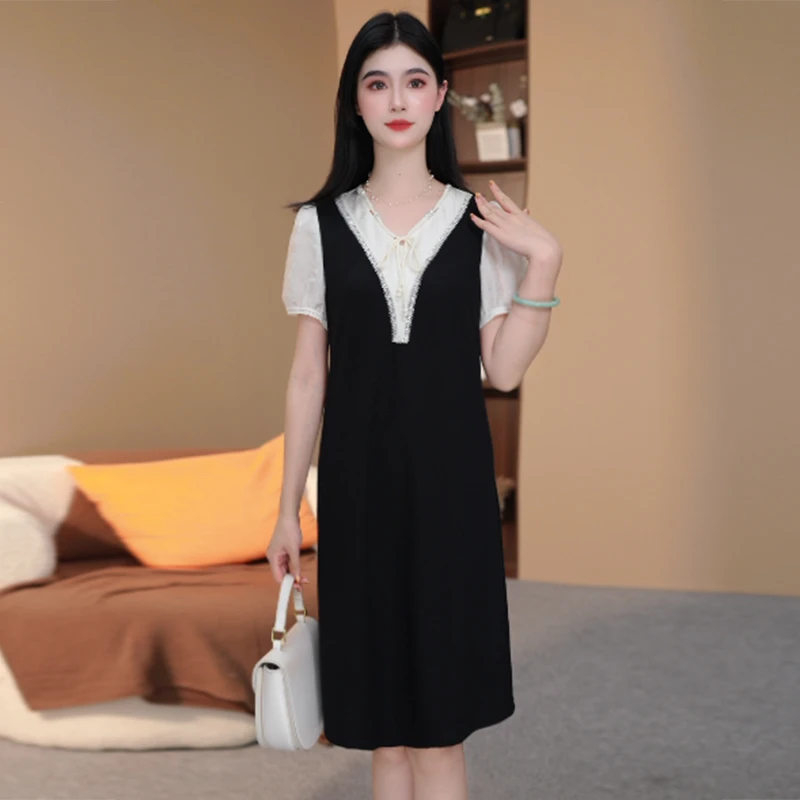D夏季新款气质显瘦小黑裙连衣裙中长款拼色减龄好看中长裙裙子女
