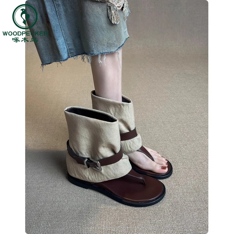 啄木鸟复古罗马夹趾凉靴女新款内增高绝美时尚高级感裤管靴短靴