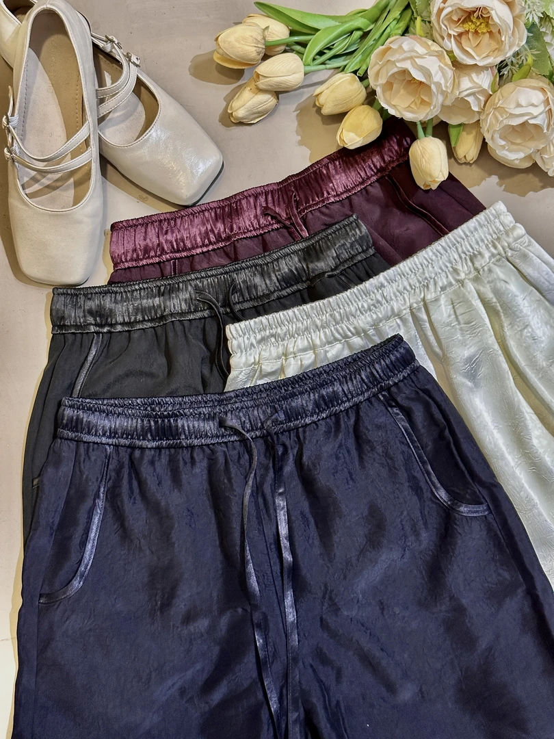 2025新款醋酸长裤弯刀直筒裤松紧腰抽绳显瘦百搭女裤