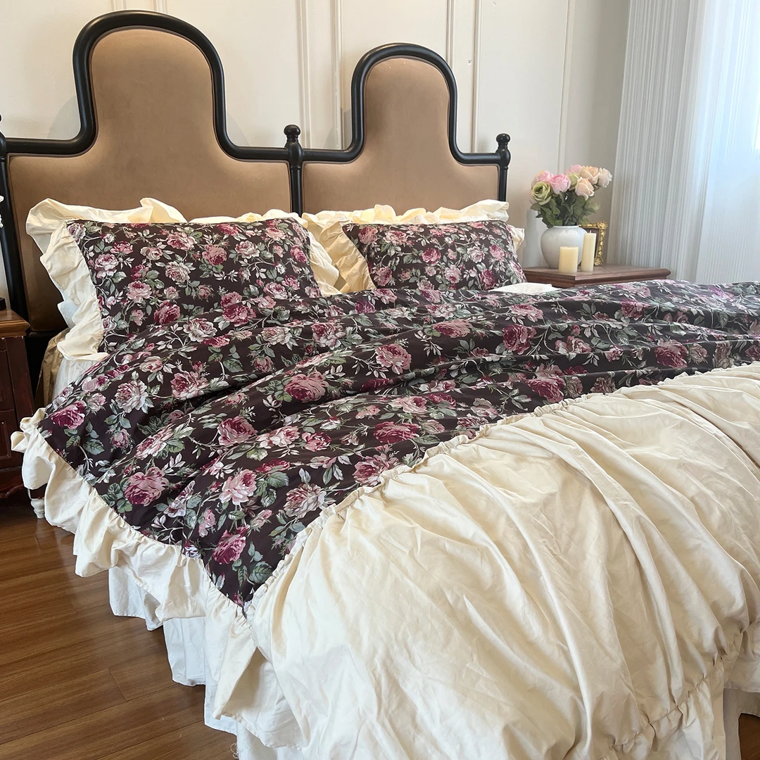 （暮色蔷薇）法式全棉家用卧室复古公主风纯棉四件套100%床裙款少女