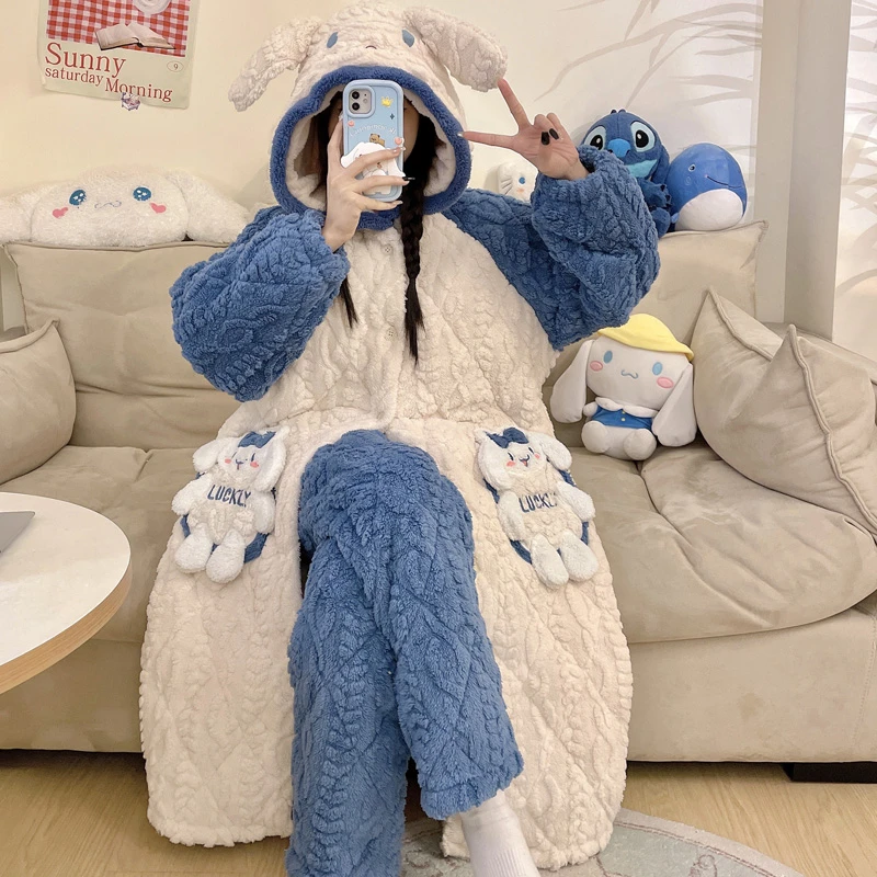 睡衣女童冬季加厚三层夹棉少女孩珊瑚绒长款保暖睡袍初中生家居服