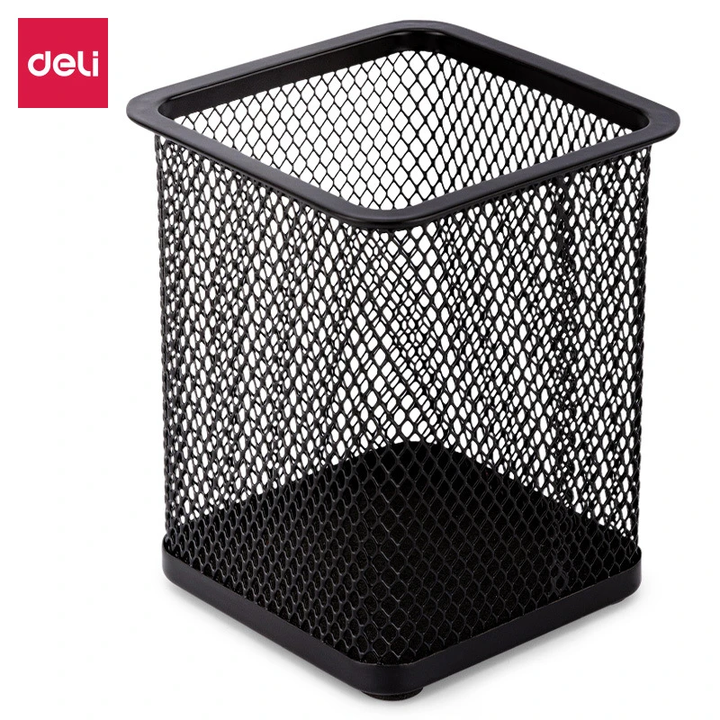 得力9174笔筒多功能大容量桌面收纳盒方形收纳筒金属网纹笔筒批发