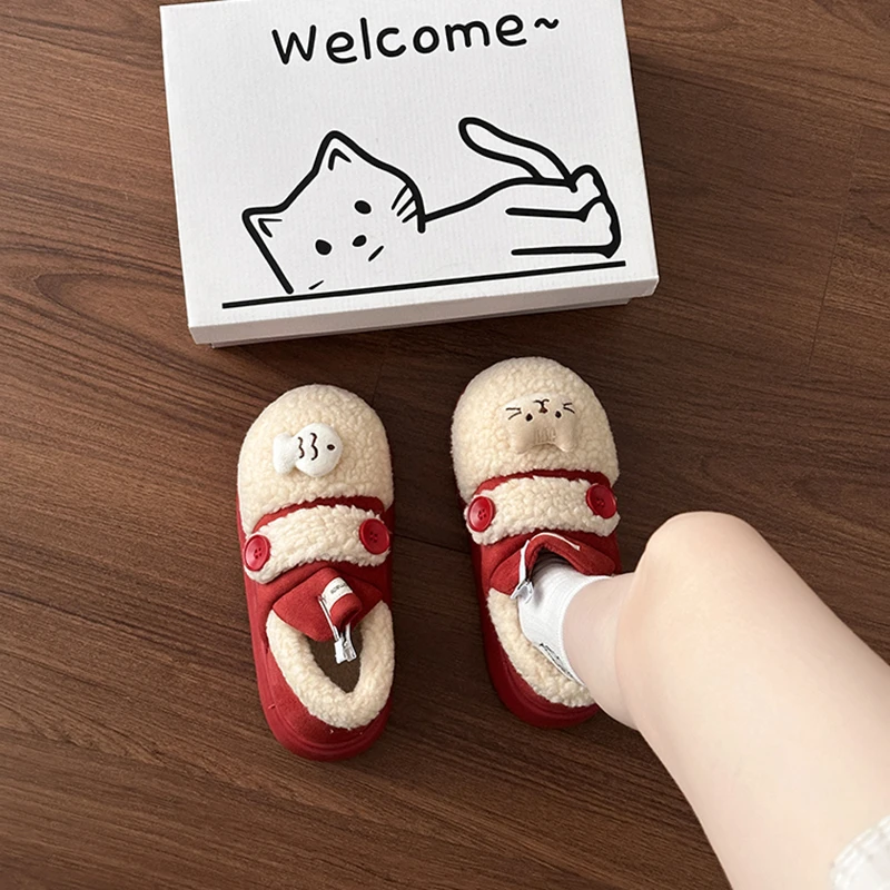 可爱卡通小众设计感扣子猫咪棉鞋女2025冬季新款外穿保暖休闲单鞋