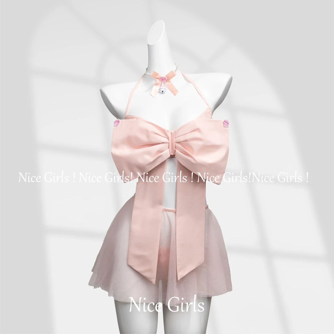 【宠爱】70-180斤粉色结可爱纯欲拼接网纱裙连衣裙