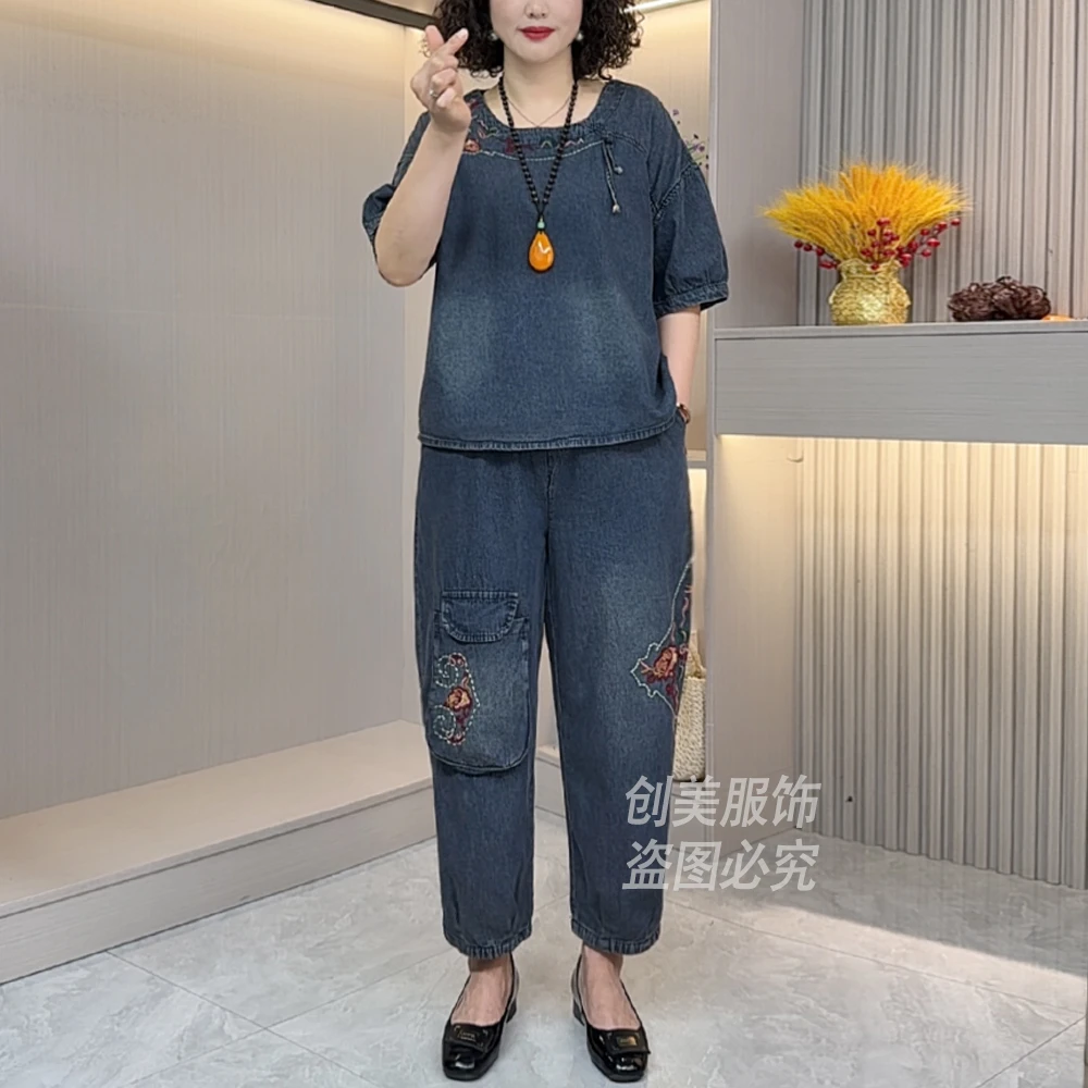 2025夏季新款水洗牛仔棉时尚洋气妈妈装套装气质减龄显瘦薄款8829