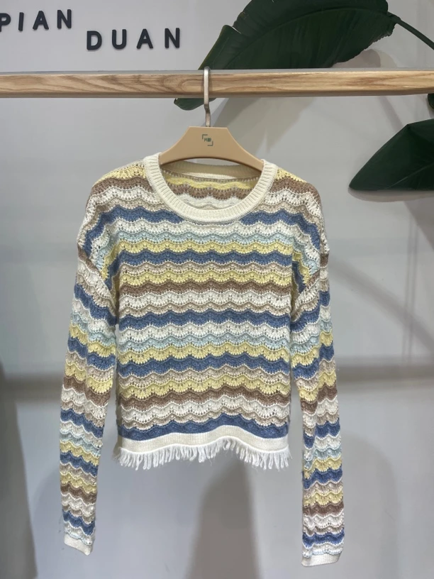 PD2025春款时尚百搭圆领条纹镂空长袖针织衫151111002M01-499P