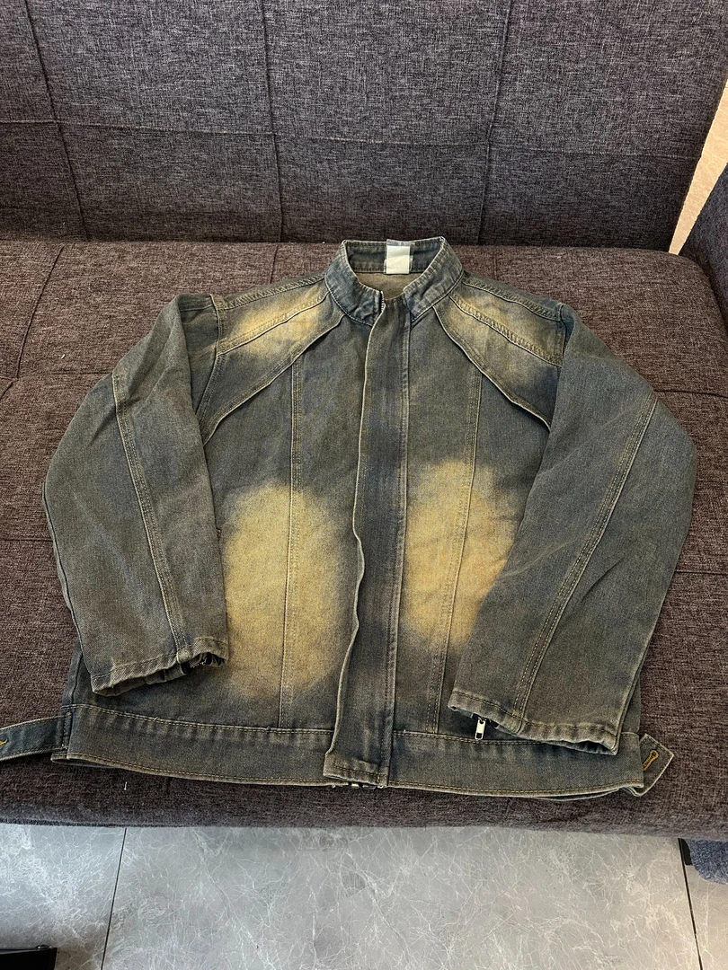 F09 美式复古水洗做旧黄泥染立领牛仔外套男春秋季拼接宽松夹克