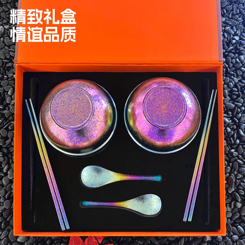 希乐纯钛碗勺子筷子家用抑菌双层隔热防霉套盒纯钛碗勺筷
