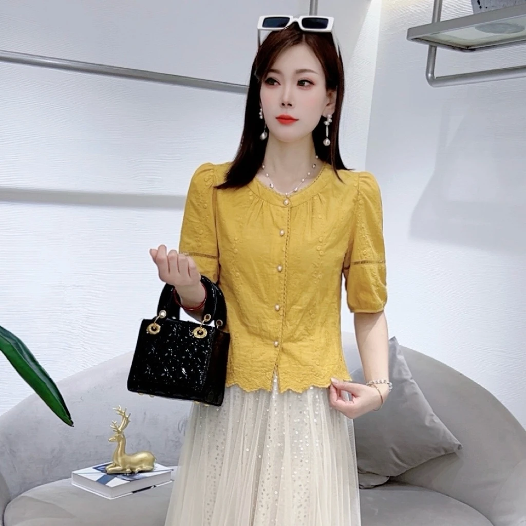 A8660夏季新款圆领衬衫女时尚洋气减龄百搭显瘦上衣