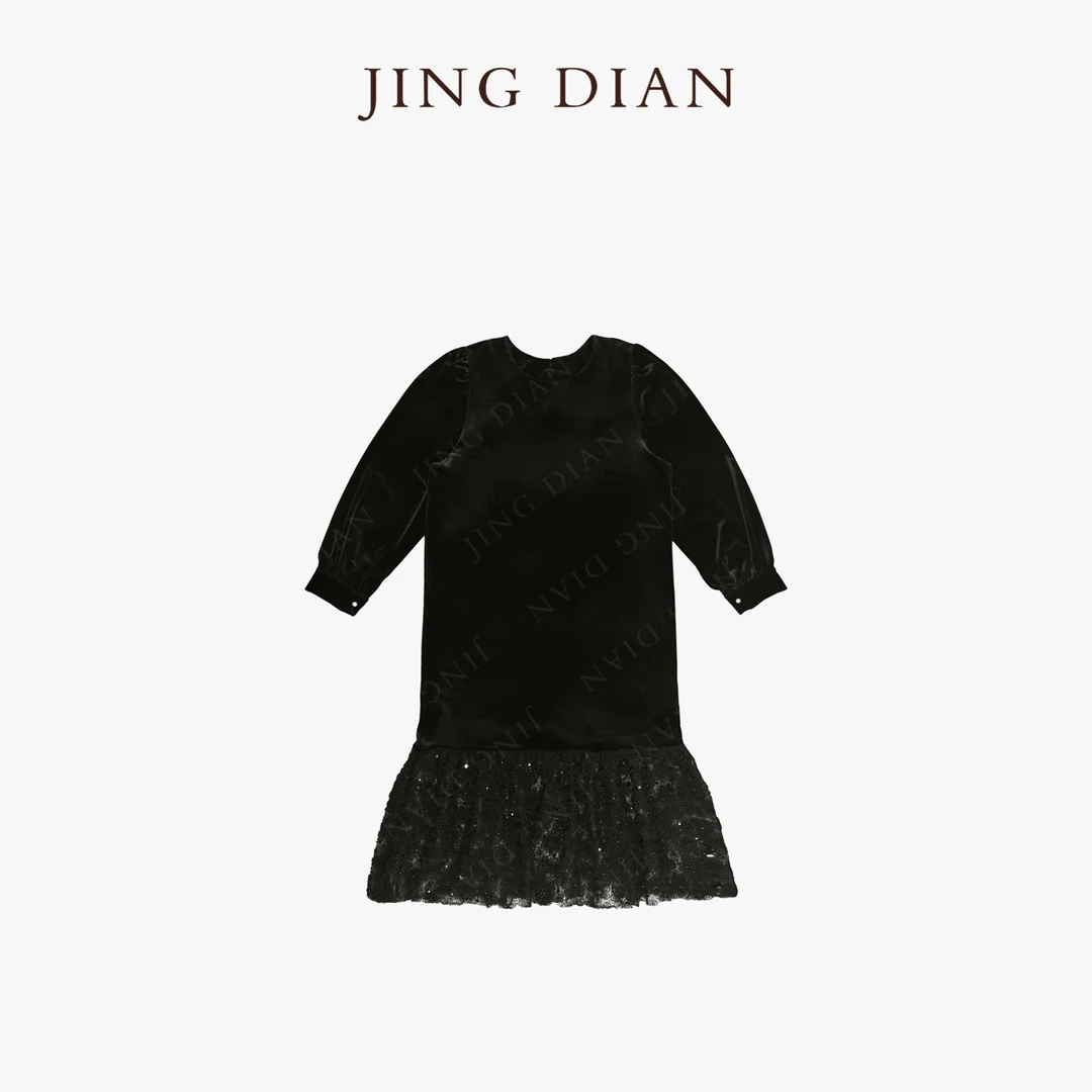 【JD】定制早春款黑色丝绒拼重工蕾丝立体花连衣裙