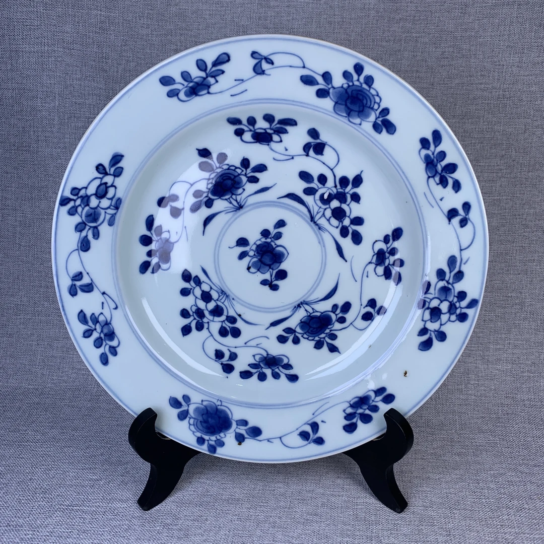 清代青花花卉盘古瓷器真品国营镇江市文物商店库出5128036