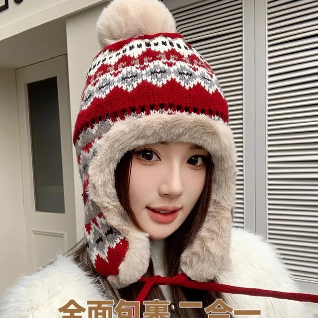 加绒加厚毛线帽子女秋冬韩版显脸小保暖骑行护耳防寒大头围雷锋帽