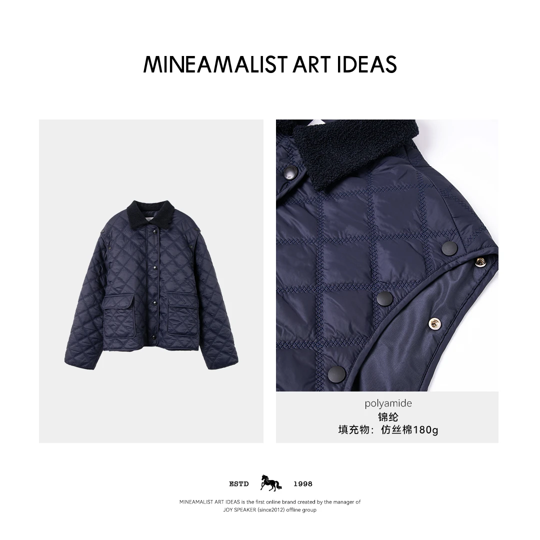 藏青色翻领绗缝袖子可拆卸两穿棉服外套马甲2563M