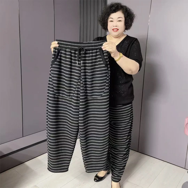 春秋女士胖妹妹减龄休闲裤高腰条纹拼接大口袋洋气宽松百搭哈伦裤