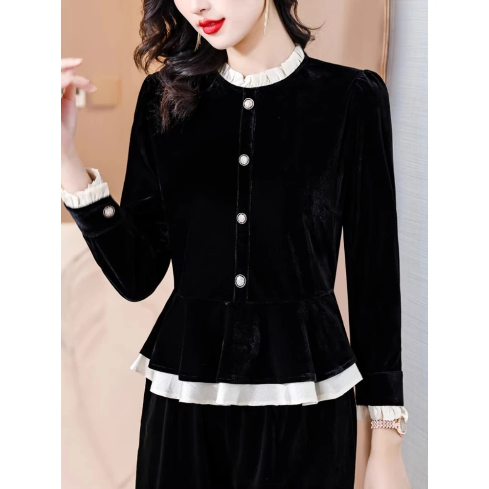 法式立领金上衣女秋冬2025新款时尚洋气长袖衬衫收腰裙摆小衫