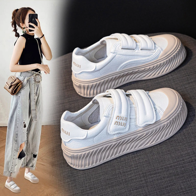 魔术贴小白鞋女2025春季新款百搭圆头休闲运动包头板鞋简约饼干鞋
