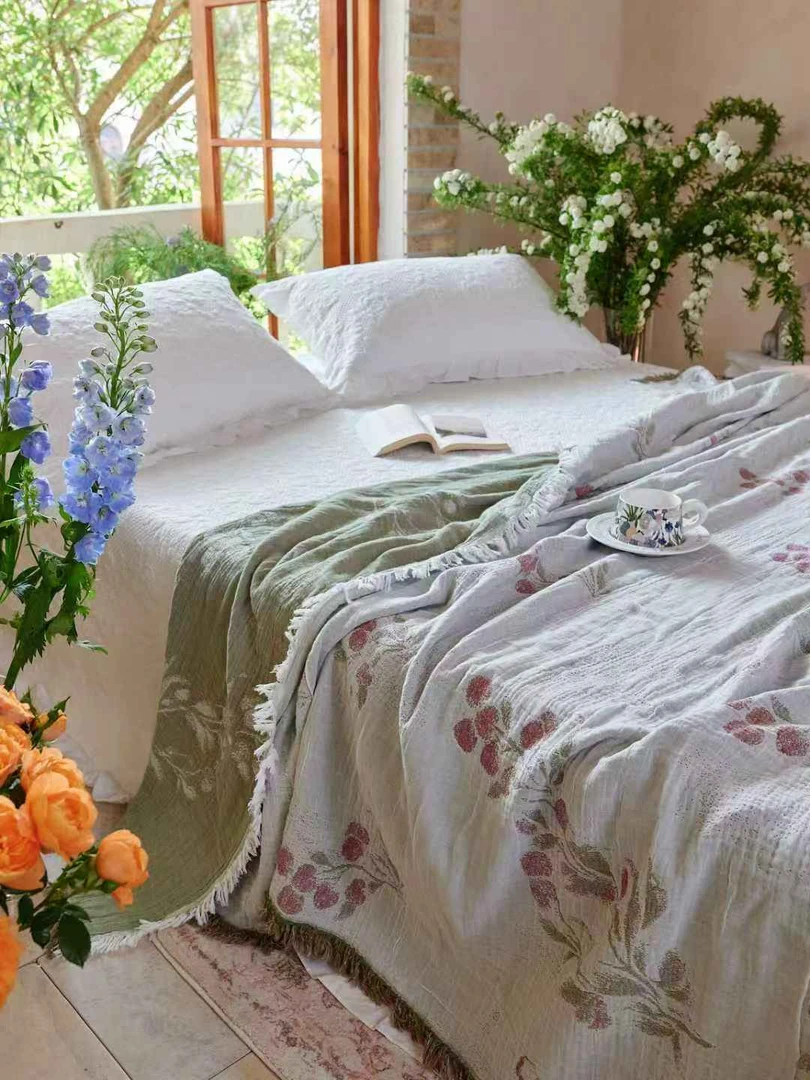 妃子笑·双面色织全棉精细纱流苏款多功能盖毯