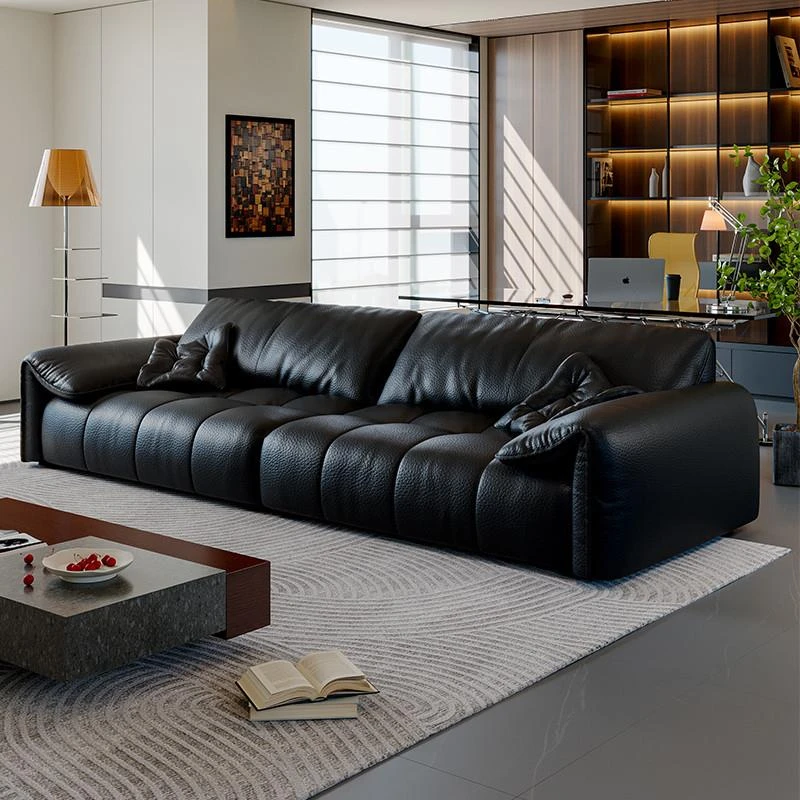 意式极简真皮大象耳朵钢琴键沙发客厅小户型轻奢黑色羽绒直排沙发