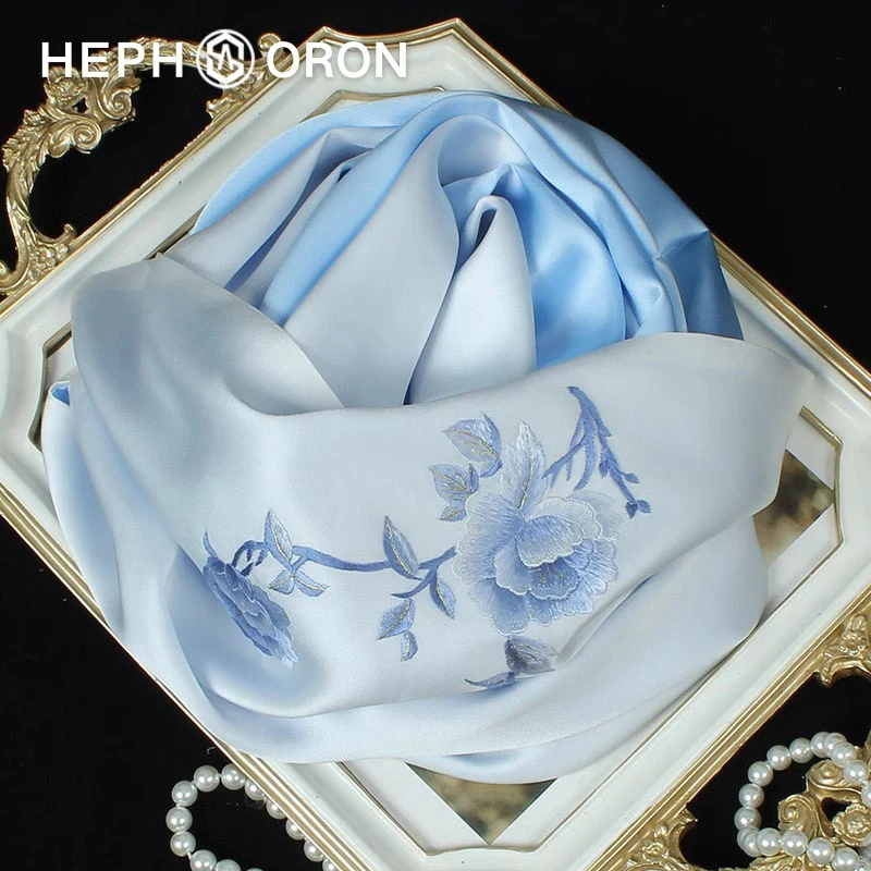 HEPHSORON苏绣丝巾礼盒妈妈款蓝色刺绣桑蚕丝旗袍披肩真丝围巾