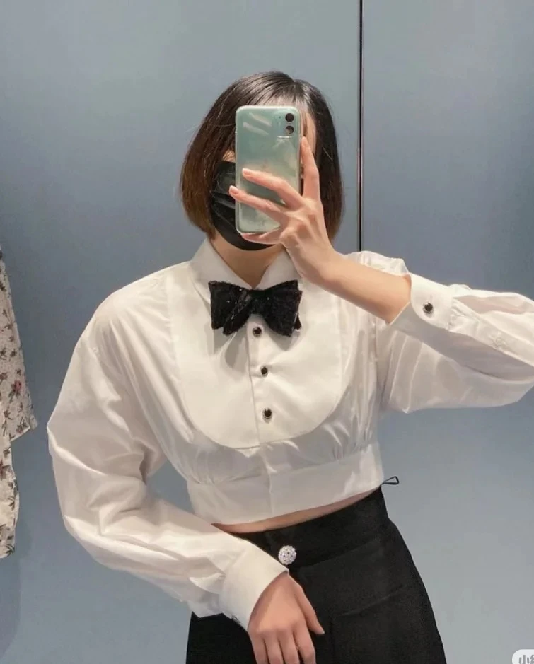 99新 MIU MIU/缪缪 z9 府绸蝴蝶结长袖衬衫/38码/207593