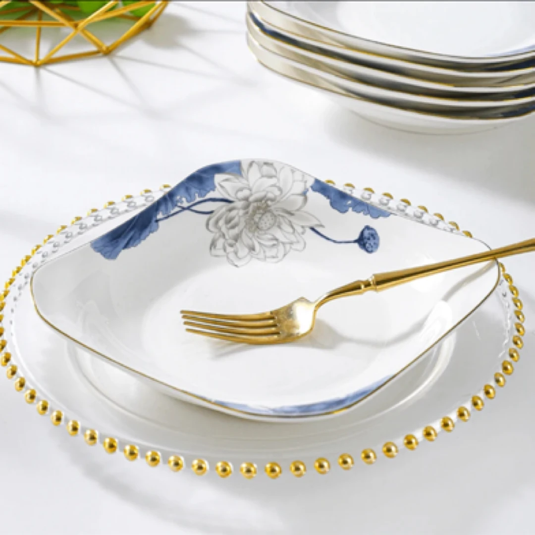 【铭策优品】荷风清韵8.5英寸描金餐盘中国风陶瓷家用方盘饭盘中式