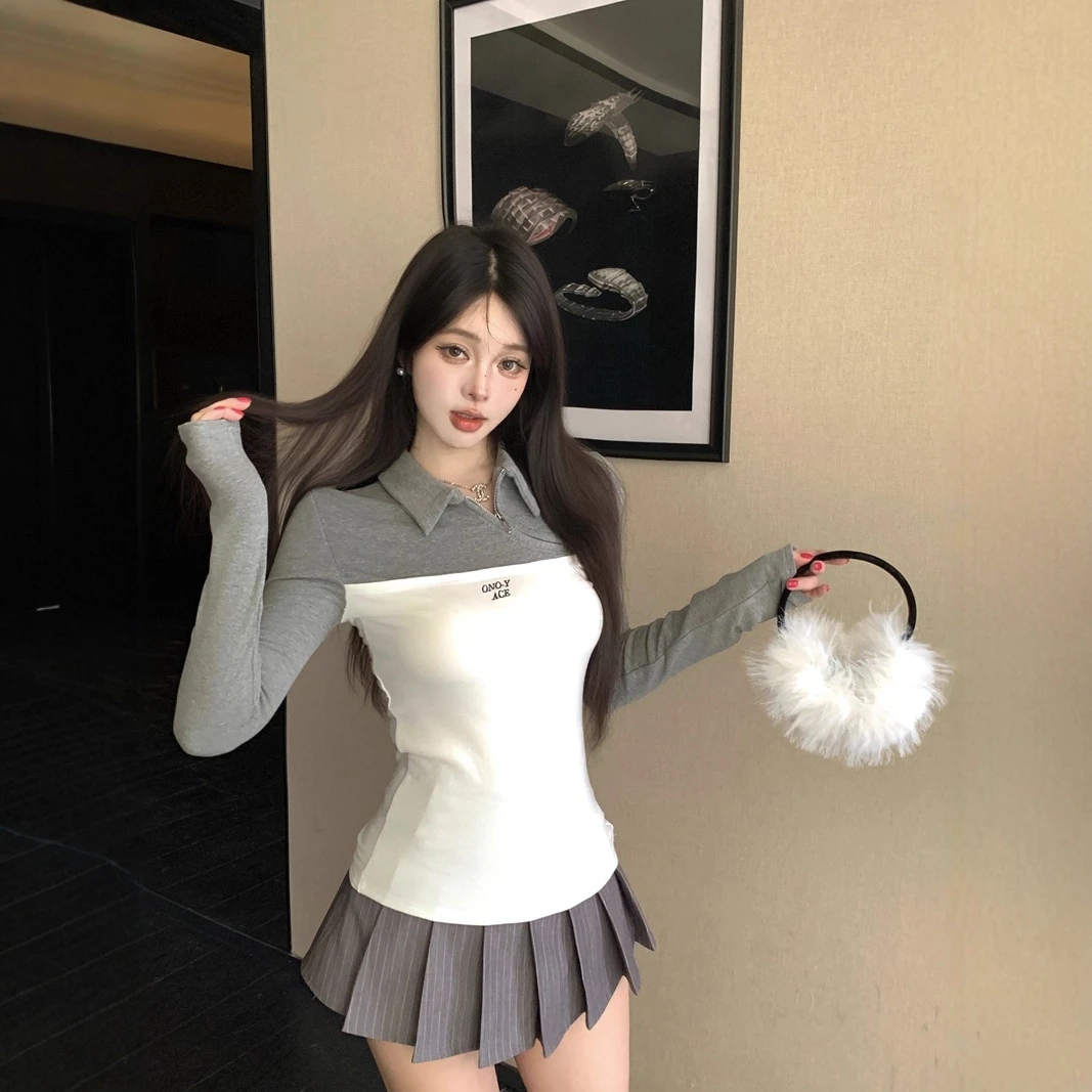 实拍2025复古学院字母刺绣斜拉链翻领撞色修身显瘦长袖加绒打底衫