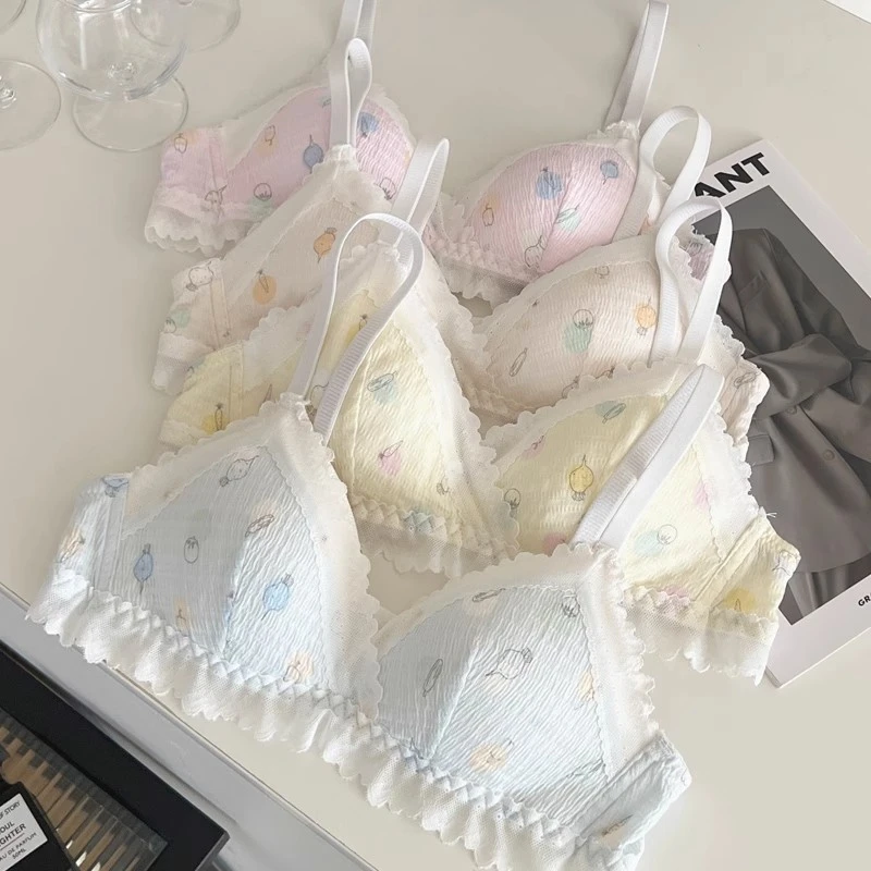 内衣女学生高中生小胸聚拢薄款少女文胸无钢圈甜美蕾丝三角杯胸罩