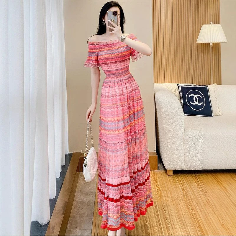 【新中式服装甄选】茶歇法式一字肩连衣裙气质显瘦长裙2025新款夏