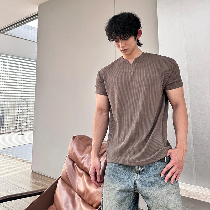 TF秋冬肌理美粒棉长短T恤男V领简约宽松休闲训练健身上衣老钱男装