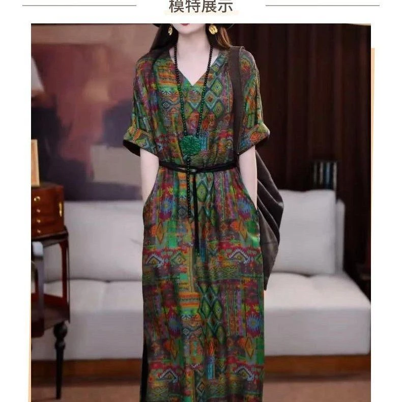 【芳芳服饰】复古文艺轻奢系带连衣裙夏季新款宽松洋气v领长裙