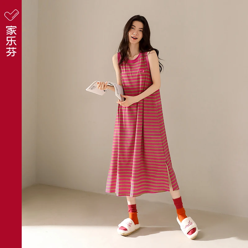 家乐芬【带胸垫】夏季莫代尔棉无袖背心薄款条纹连衣裙懒人裙可外穿