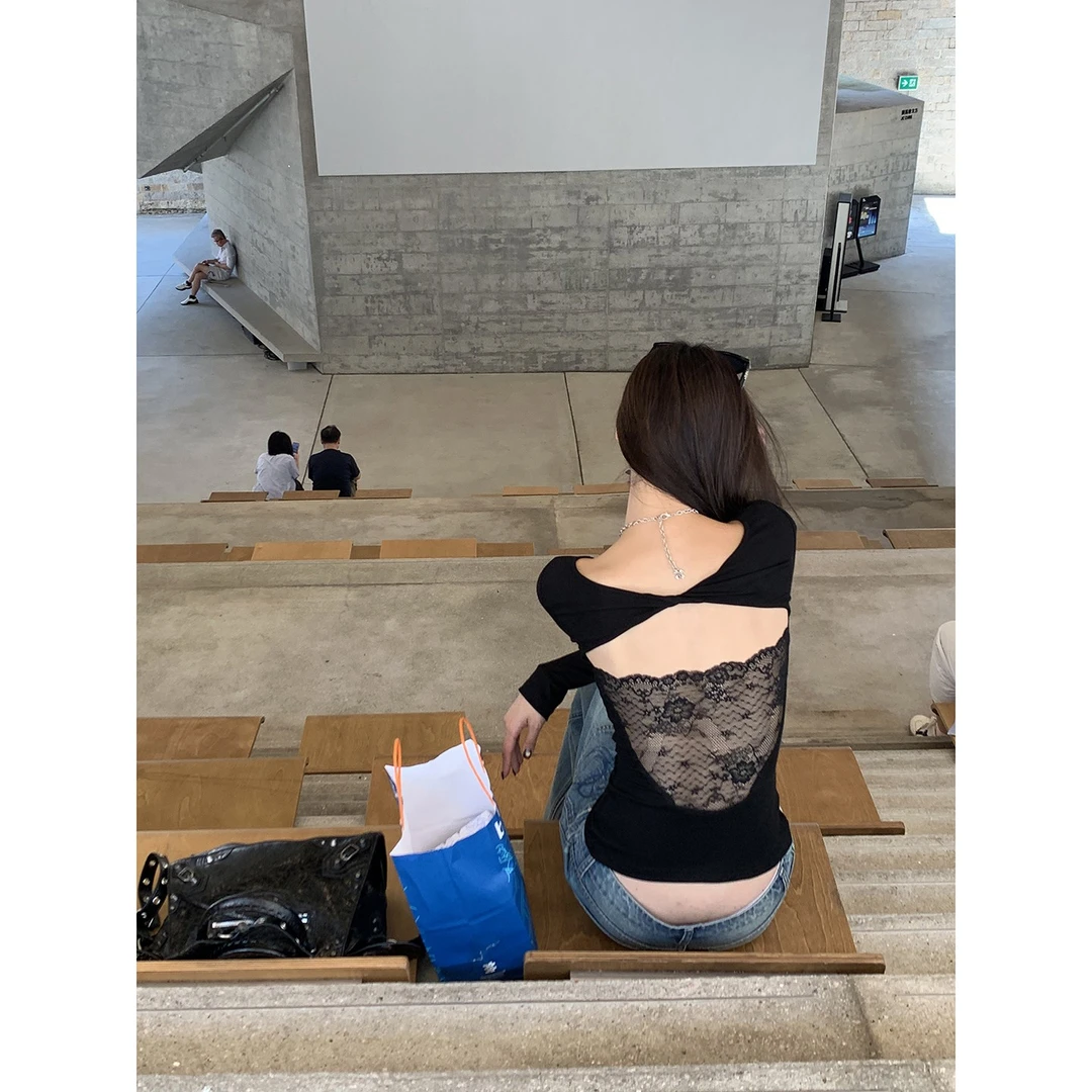【蕾丝音符】秋季韩系纯欲性感辣妹露背蕾丝修身T恤253Y3349#