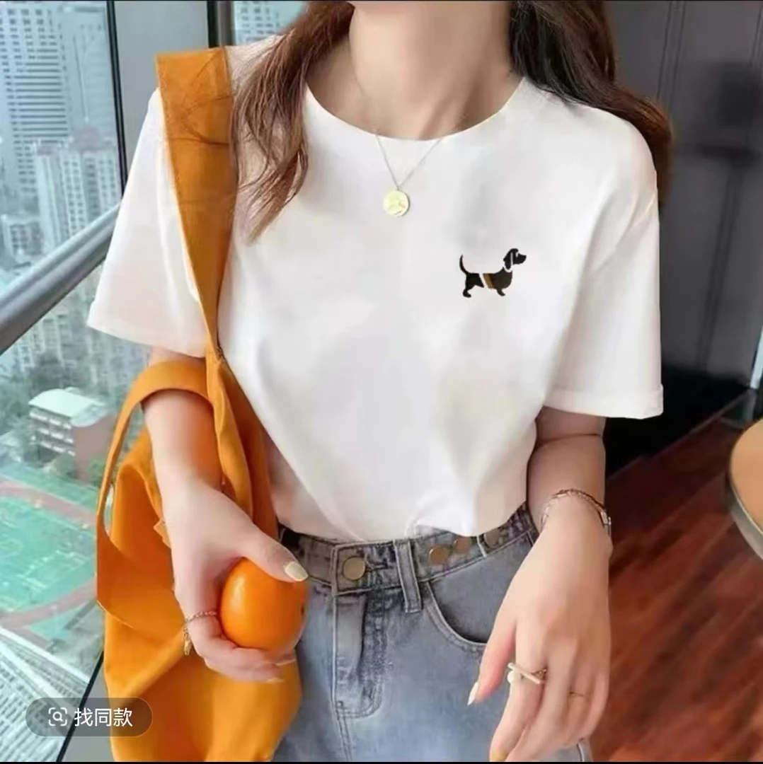 透气宽松夏季T恤纯棉印花休闲时尚短袖男女同款百搭T恤-腊肠狗