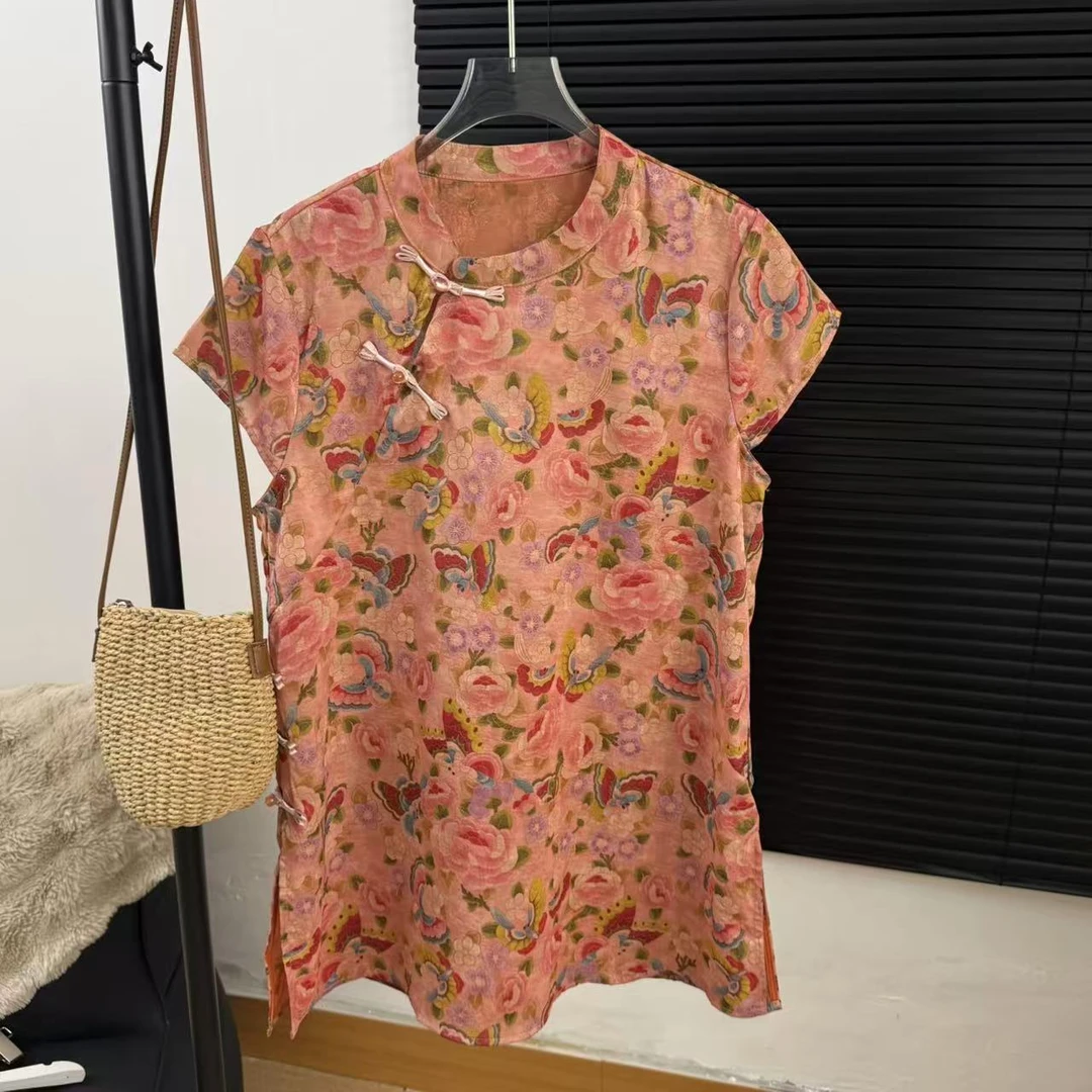 诗诗原创-新中式国风旗袍复古印花桑蚕丝短袖上衣25229