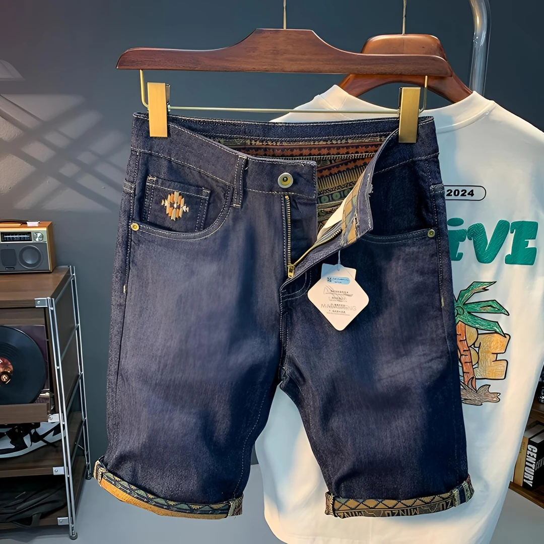 JJ2025年夏新款牛仔短裤男潮牌复古内里印花潮流刺绣直筒中裤外穿
