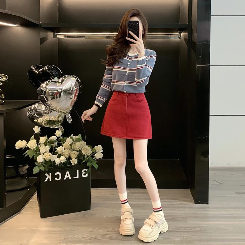 秋冬条纹针织开衫女衣外套短款上衣外套牛仔半身裙小个子a字短裙