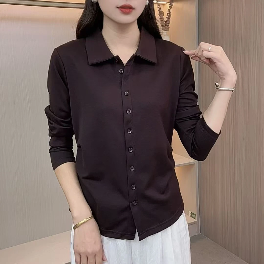 2025秋季女士套头休闲时尚显瘦气质洋气百搭简约打底纯色长袖衬衫