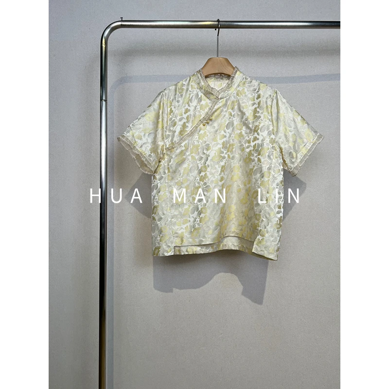 【花滿林】立领木耳边拼接花朵螺钿锦真丝桑蚕丝短袖上衣257384