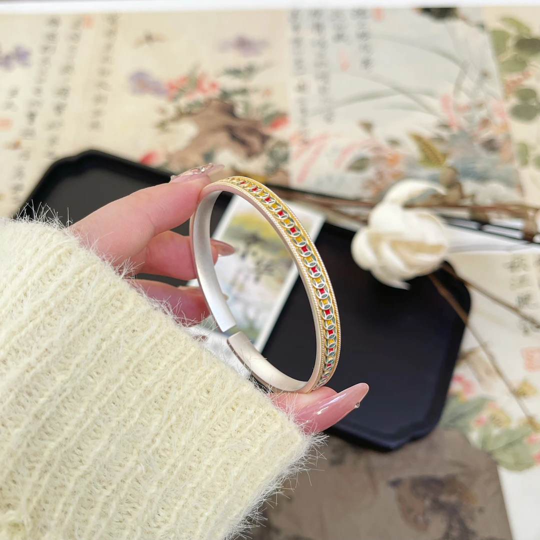 足银手镯 【通寶】珐琅彩窄条凹面开口足银999.9手镯