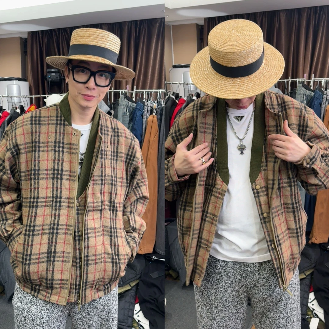 33114+夹克潮流长袖棒球领四季通用常规拉链格子港风上衣