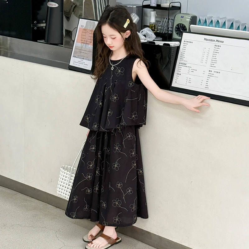 女童套装夏季韩系穿搭2025新款儿童装无袖上衣女孩绣花裙裤两件套