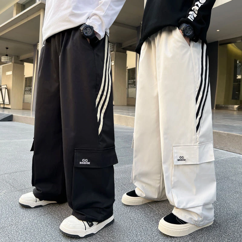 男童秋季条纹口袋裤子工装裤新款港风高街青少年休闲运动宽松潮
