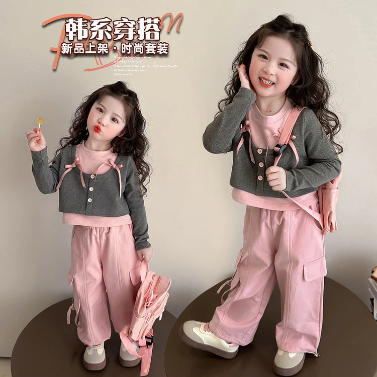 儿童运动洋气时尚韩版休闲春秋纯色女童中小童春装套装工装裤套装