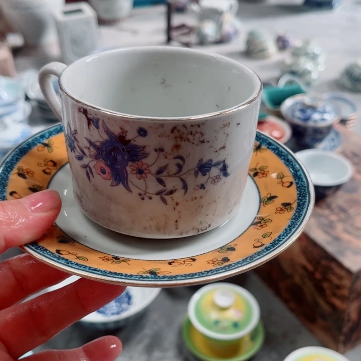 青花玲珑咖啡杯小黄花脱盘微瑕