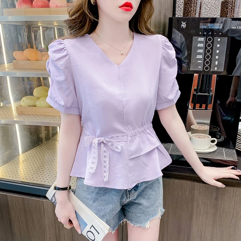 夏季新款法式双层荷叶边蕾丝绑带时尚洋气修身韩版衬衫上衣