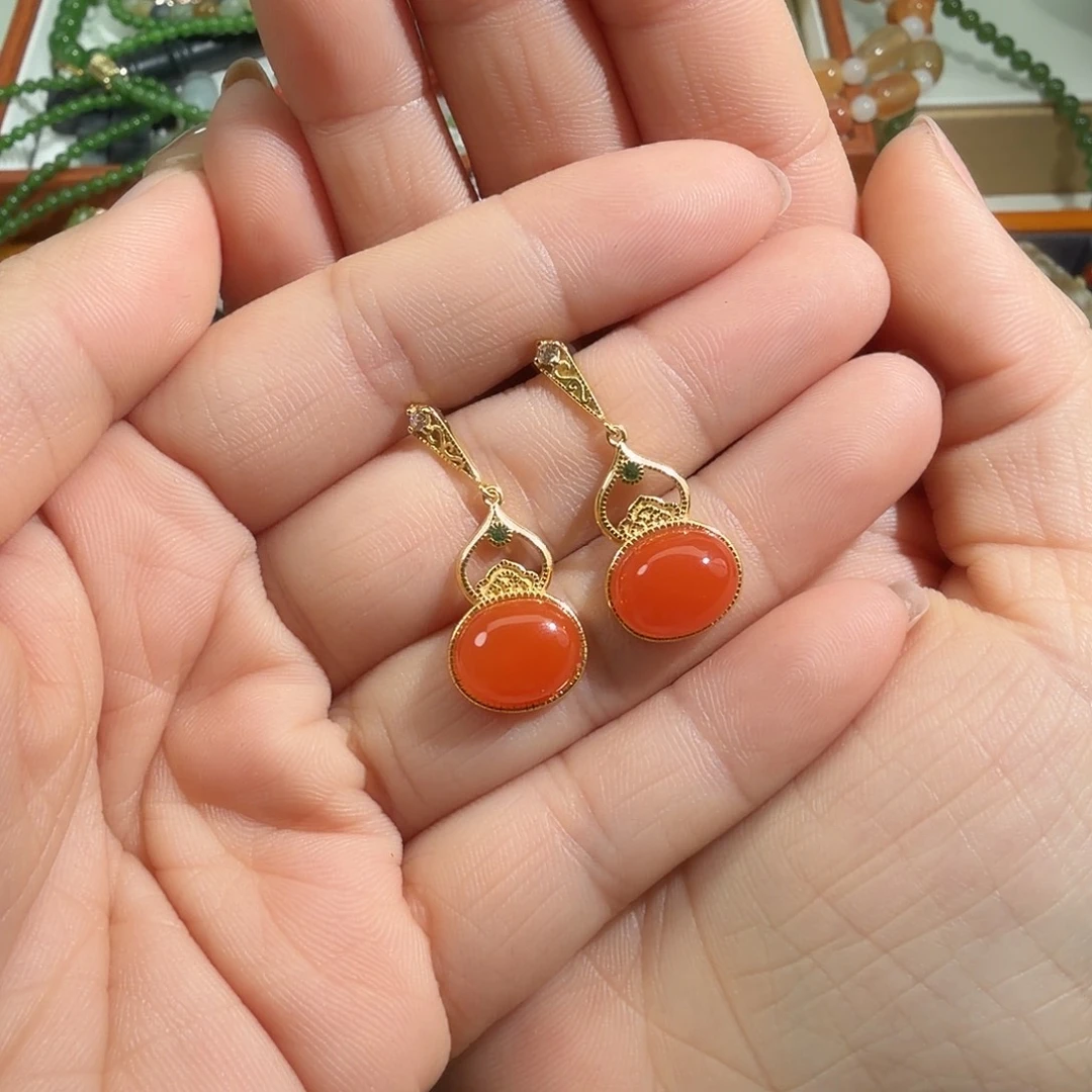 南红玛瑙银S925镶嵌耳饰