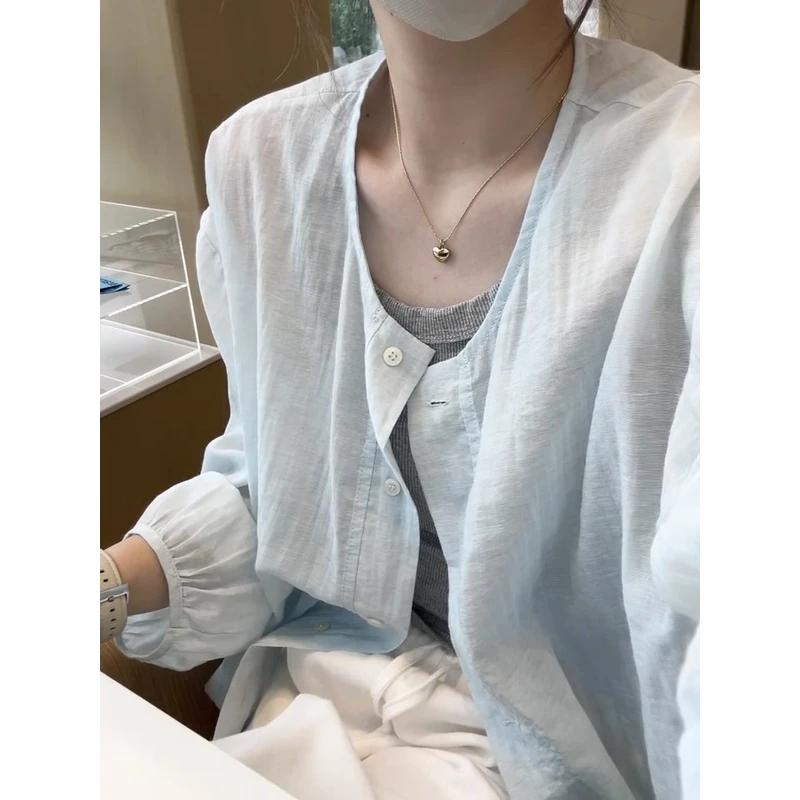 薄款防晒衬衫外套女夏季韩系宽松休闲外搭圆领小个子短款开衫上衣