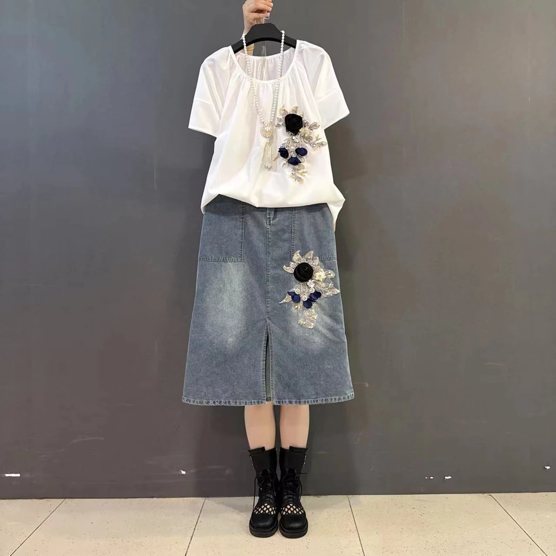 大码重工立体花朵开叉牛仔半裙圆领T恤胖MM气质两件套