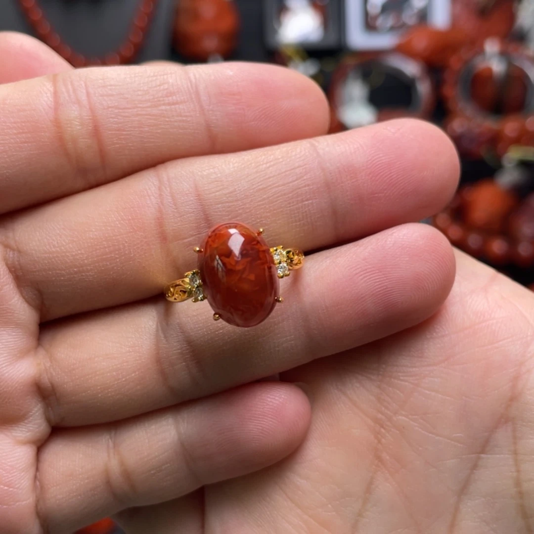 【闪购商品】银S925镶嵌火焰纹戒指南红玛瑙